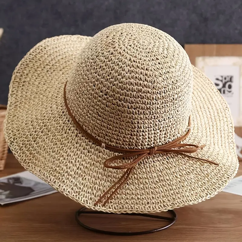 Beige Hand- Straw Hat - Foldable & Bendable Brim, Lightweight Sun Hat Beach Vacations, Weddings,/Outdoor Activities, Beach Hat, Headwear, Fashionable Beachwear satin  lined bunny  hat 3
