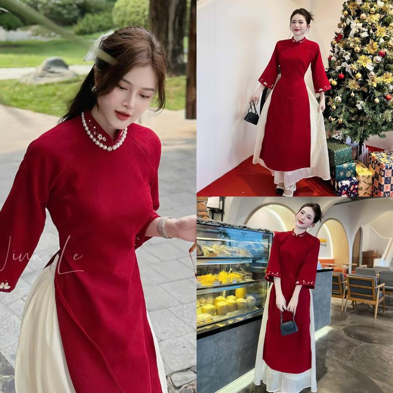 Set bộ áo dài tay lỡ cổ tròn thêu hoa chất nhung phù hợp cho các nàng đi chơi đi lễ Top Women 0