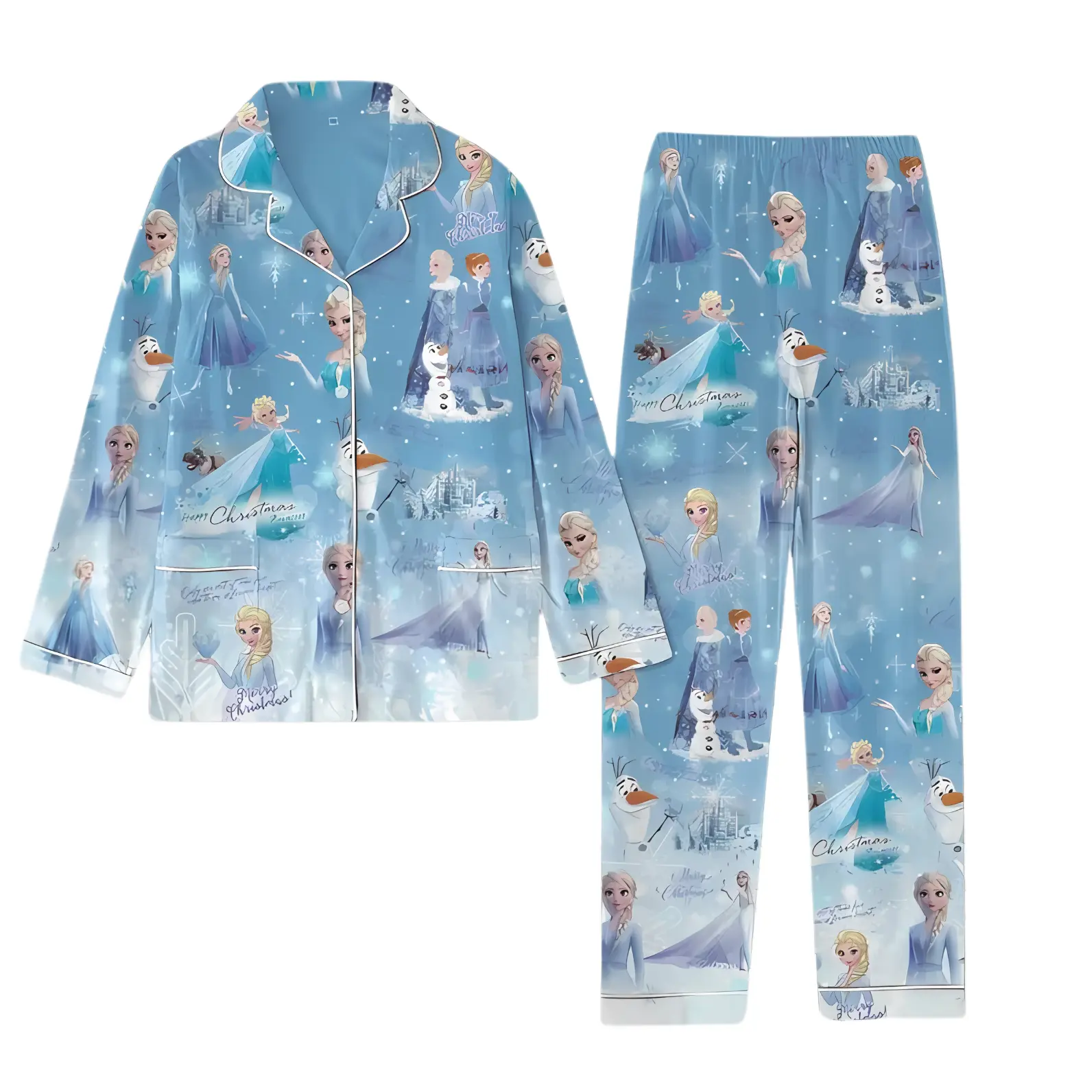 Cute Blue Frozen Pajamas, Princess Elsa Women's Shirt Pjs, Elsa And Anna Pyjamas, Olaf Snowman Holiday Sleepwear, Gift For Her, Casual Outfit Loungewear cozy t  nightwear