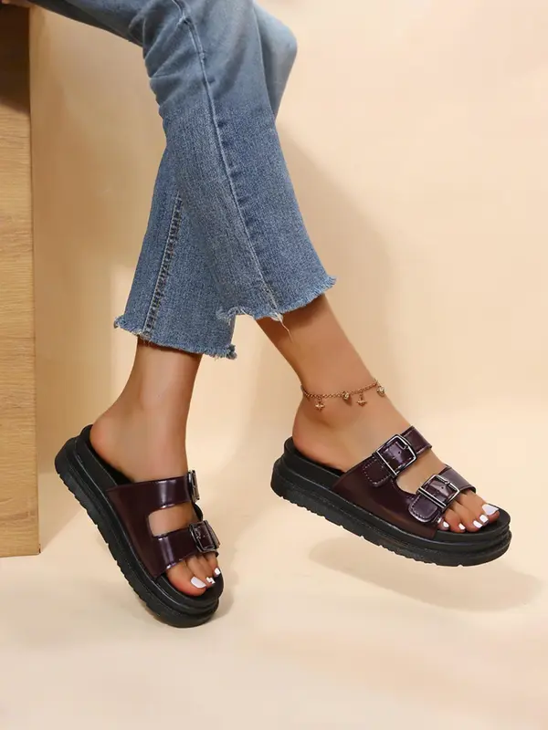 Women's Fashionable Plain Color Platform Sandals, Casual Comfortable One-strap Sandals for Summer, Non-slip Soft Sole Slides for Beach, Walking Shoes 6