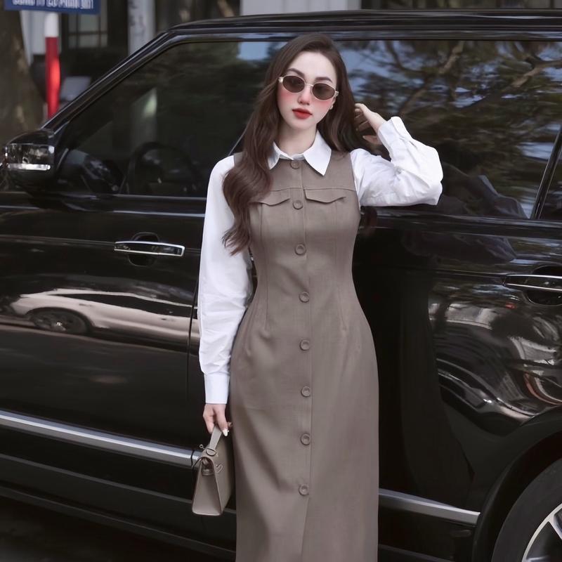 Váy Thiết Kế Hà Anh váy gile bo eo phối tay sơ mi E100