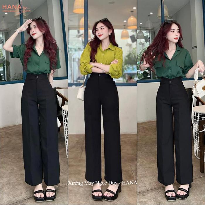 (HOT ĐEN + XANH ĐEN)Quần ống rộng nữ cạp cao 1 khuy cài không ly trước dáng dài - Quần tây ống rộng lưng cao vải đen dày đáy cao