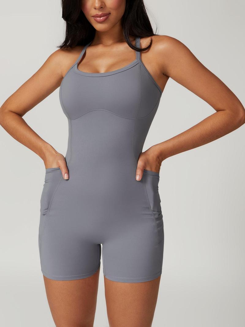 Product Introduction of Sporty Women's Criss Cross Pocket Sports Romper, Sport Chest Padded Quick Drying Tank Romper, Ladies Summer Sportswear, Tummy Control, Activewear 6