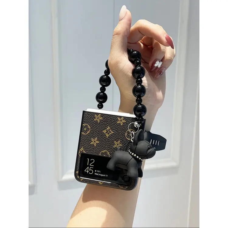 VIRAL ✅ Samsung Galaxy Z Flip 5 4 3 Flip4 Flip3 zflip5 5G Fashion Cute Cartoon 3D French Bulldog Pendant Portable Beads Hand Chain Classic Vintage Flower Patterns PU Leather Case Cover