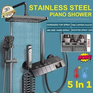 Shower Kamar Mandi Satu Set 5-In-1 Set Kran Bisa Panas Dingin Tampilan Digital Cerdas Gaya Piano Sistem Kamar Mandi Rainfall Keran Mixer Digital Abu-abu Bidet Shower