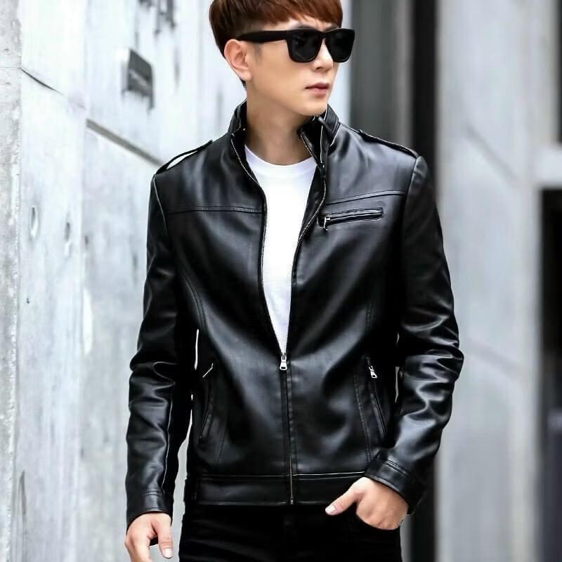 ÁO KHOÁC DA BÓNG PHỐI DÂY KÉO, CÓ KHOÁ KÉO NGỰC CỔ ĐỨNG HAI LỚP - MẪU THU ĐÔNG FORM NAM NỮ UNISEX Menswear Jacket áo da áo khoác Kem
