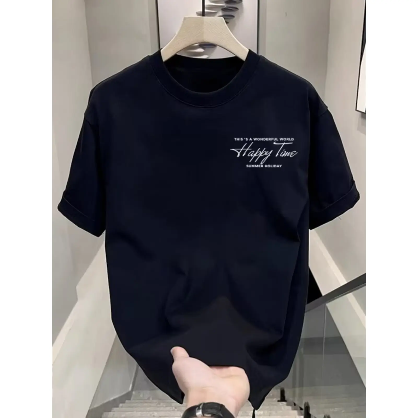 Pure cotton printed T-shirt with simple letters men's short sleeved round neck versatile