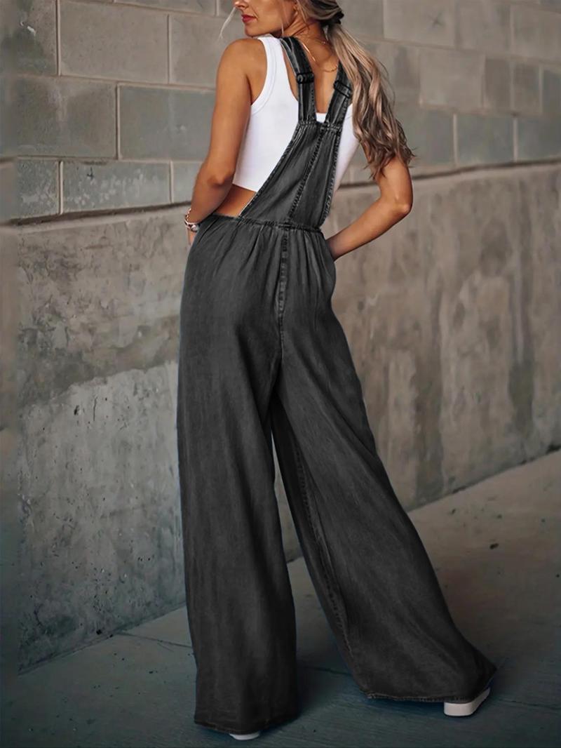 Product Introduction of Women's Denim-Effect Print Plicated Wide Leg Overalls Jumpsuit, Fashion Casual Pocket Square Neck Overalls Jumpsuit for Daily Outdoor Wear, Ladies Clothes for All Seasons 8