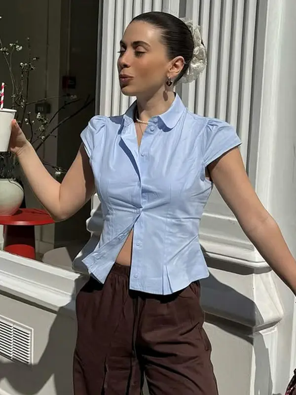 Women's Plain Collared Shirt, Casual Short Sleeve Top for Summer, Fashion Women's Top for Daily Wear, Blouse 1