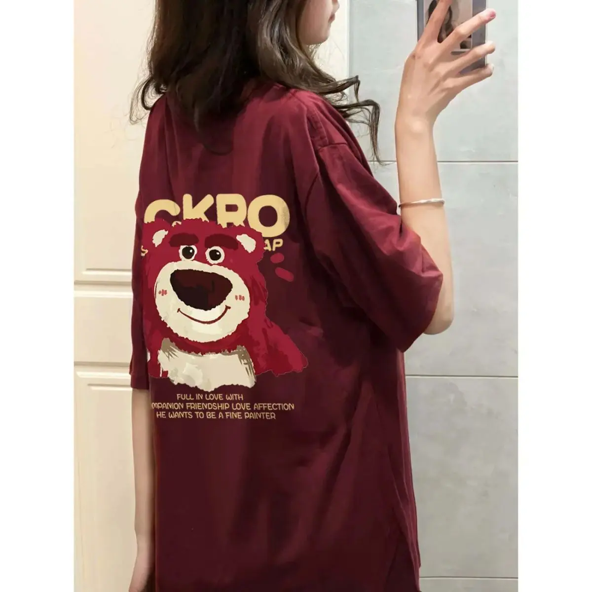 M3 Strawberry Bear Wine Red Short-Sleeved T-shirt Female Student Korean Style Loose Retro Design Sense Niche Sweet Fashion Brand Top