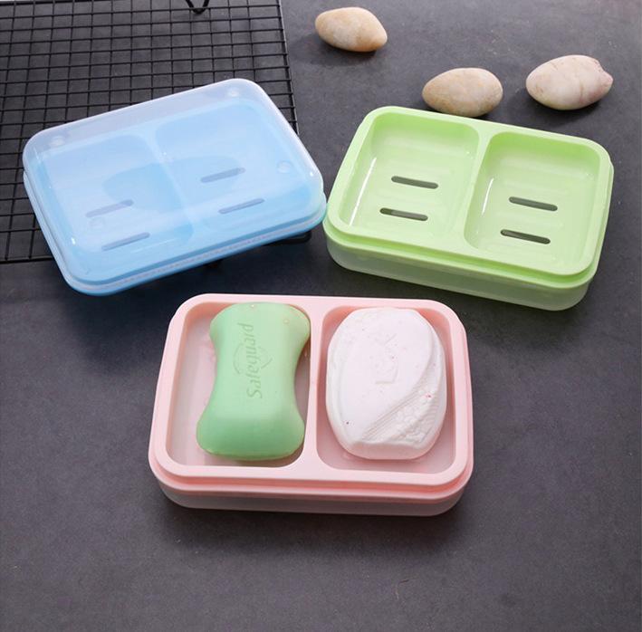 Product Introduction of Creative travel double body with lid soap box, household hygiene and fashion double grid soap box, draining plastic soap box 1