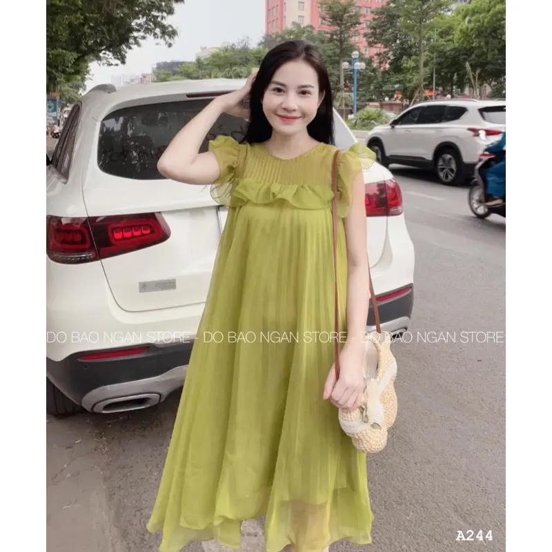 Váy Bầu xinh Siêu hot 3 màu Xanh,hồng,kem  tơ 2 voan lớp thoáng mát thoải mái, dáng xuông,phù hợp đi làm, đi chơi 3