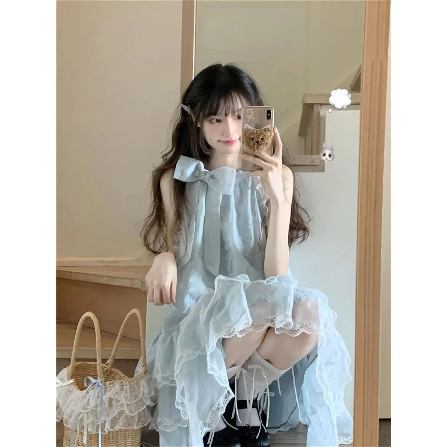 Váy không tay cho kỳ nghỉ bên bờ biển, Xanh Biển , nơ, dây ren, dây đai mì Ý, Dopamine, váy Tutu bánh công chúa