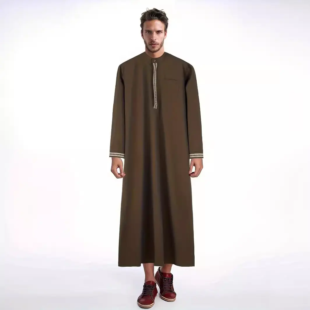 2025 New Arabic Thobe Dress for Men - Modest Muslim Long Sleeve Plain Kaftan with Embroidery Trim & Pocket |   Eid Ramadan Islamic Clothing