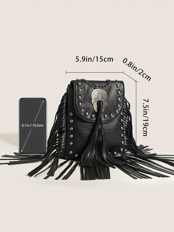 Women's Punk Style Rivet & Tassel Decor Crossbody Bag, Trendy Vintage Crossbody Bag, Chic Crossbody Bag for Daily Use 2