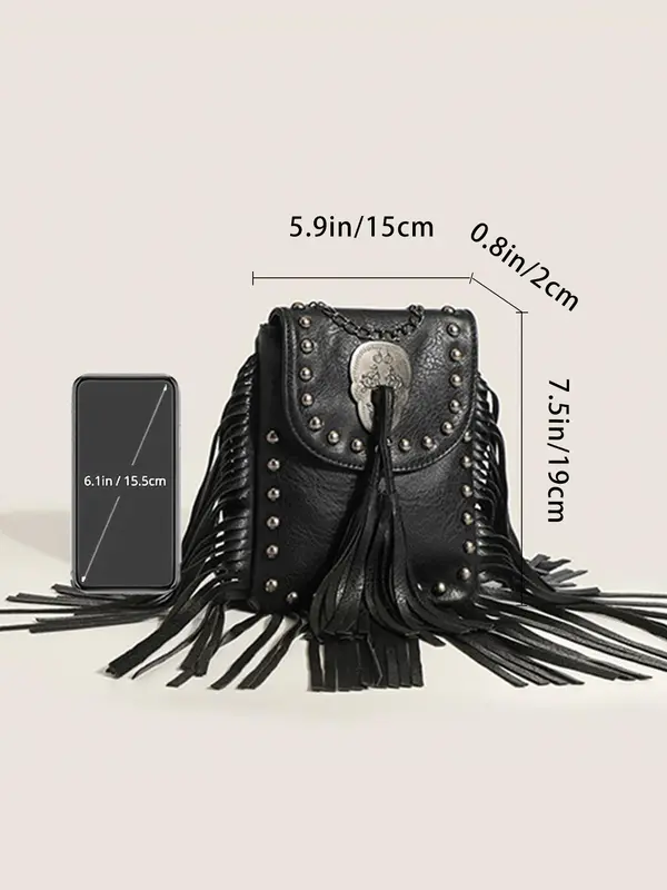 Women's Punk Style Rivet & Tassel Decor Crossbody Bag, Trendy Vintage Crossbody Bag, Chic Crossbody Bag for Daily Use 1
