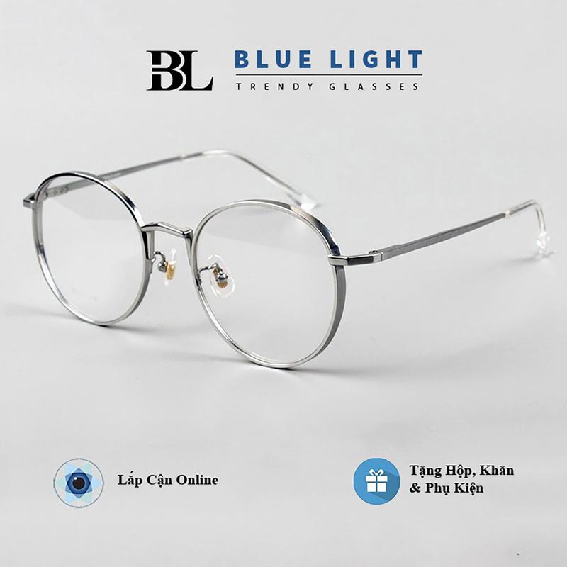 Gọng Kính Cận, Kính Mắt Giả Cận Nam Nữ, Mắt Tròn Oval Viền Dày Kim Loại Cứng Cáp Bạc, Đen - BLUE LIGHT