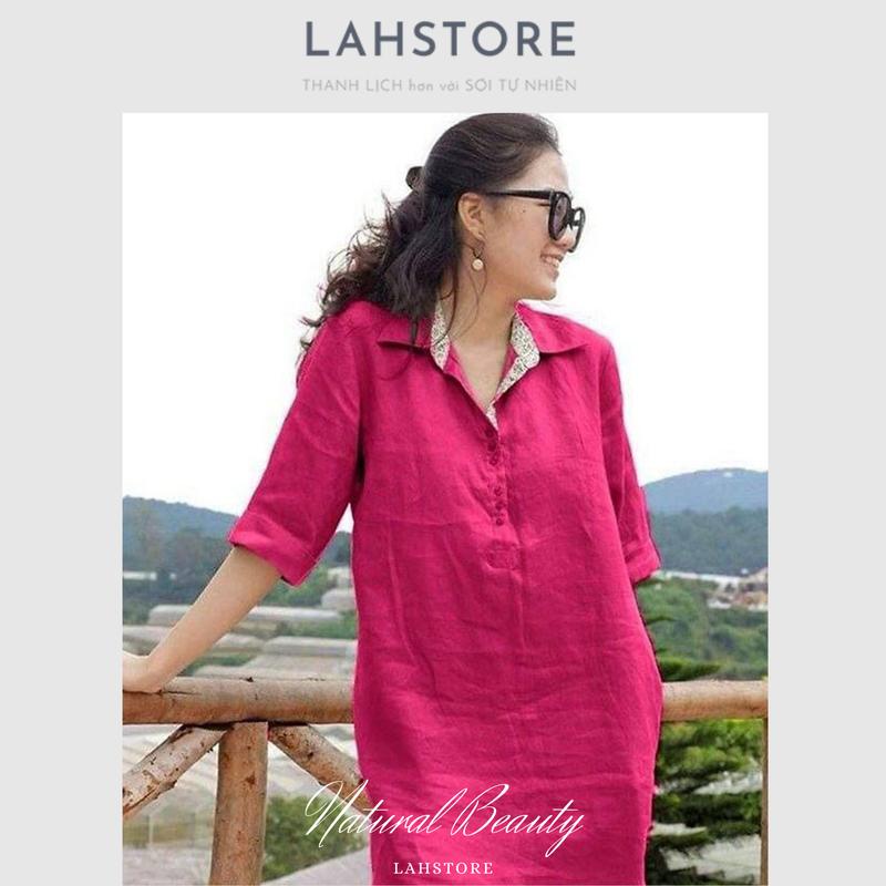 Đầm suông linen LAHSTORE chất linen mềm mát, cổ đức phối nẹp pha cao cấp sang trọng (Đen) Nữ Dress 5