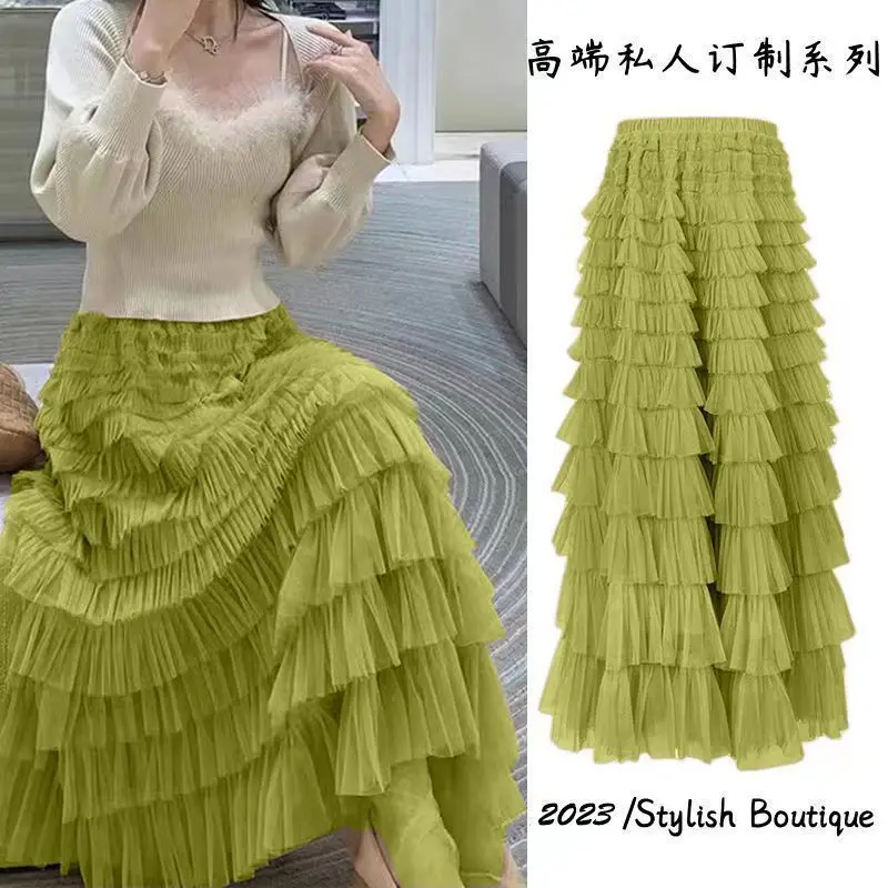 Váy Nhiều Tầng, Phong Cách Hàn Quốc, Siêu Thanh Lịch, Váy Selvedge Dài Phong Cách Công Chúa, Dài Trung Bình Thích Hợp Cho Mùa Xuân Và Mùa Hè, Mùa Thu Và Mùa Đông, Phong Cách Đầu Mùa