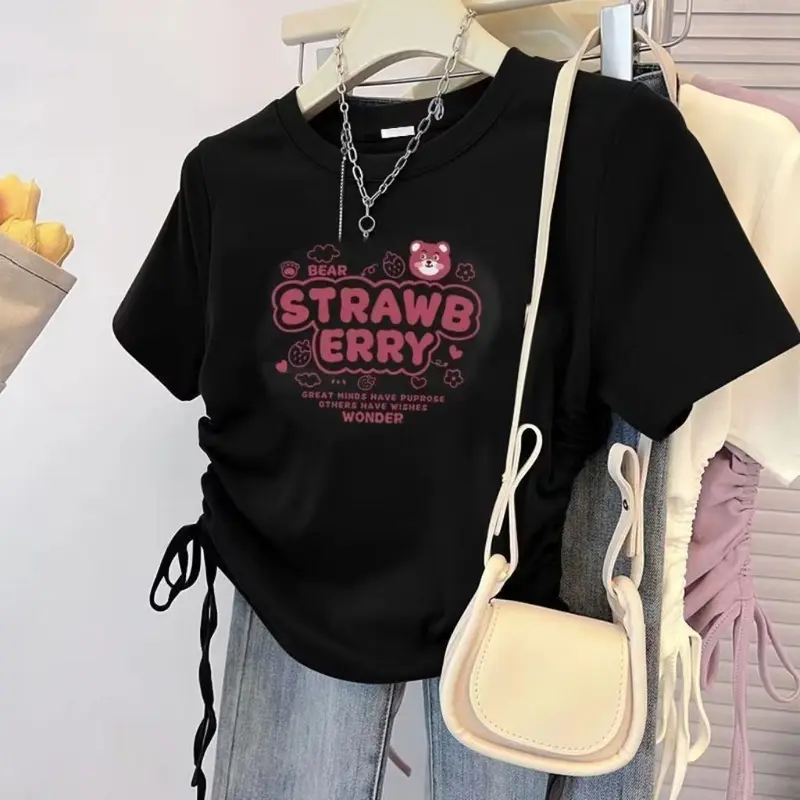 Áo Thun Ngắn Tay Thời Trang, Phong Cách Preppy Dễ Thương Và Gợi Cảm Trung Quốc Mới, Dáng Ôm, Áo Dây Rút Nữ, Dễ Phối Đồ, Phong Cách Ins, Thời Trang 7
