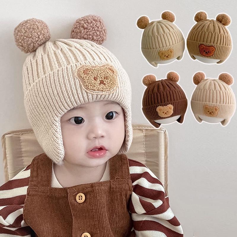 Mũ len hình gấu hoạt hình cho bé, mũ len dễ thương, pompom ấm áp cho bé trai và bé gái, mũ dệt kim bảo vệ tai cho trẻ em