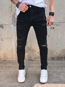 Men's Solid Color Ripped Slim Jeans, Casual Comfy Breathable Denim Pants for Daily Wear, Fashion Men's Bottoms for All Seasons, Cotton