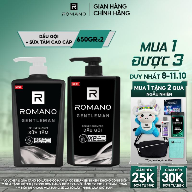 [ĐƠN 199K TẶNG 2 QUÀ] Combo Dầu Gội Và Sữa Tắm Dưỡng Thể Cao Cấp cho nam Romano Gentleman 650g/chai