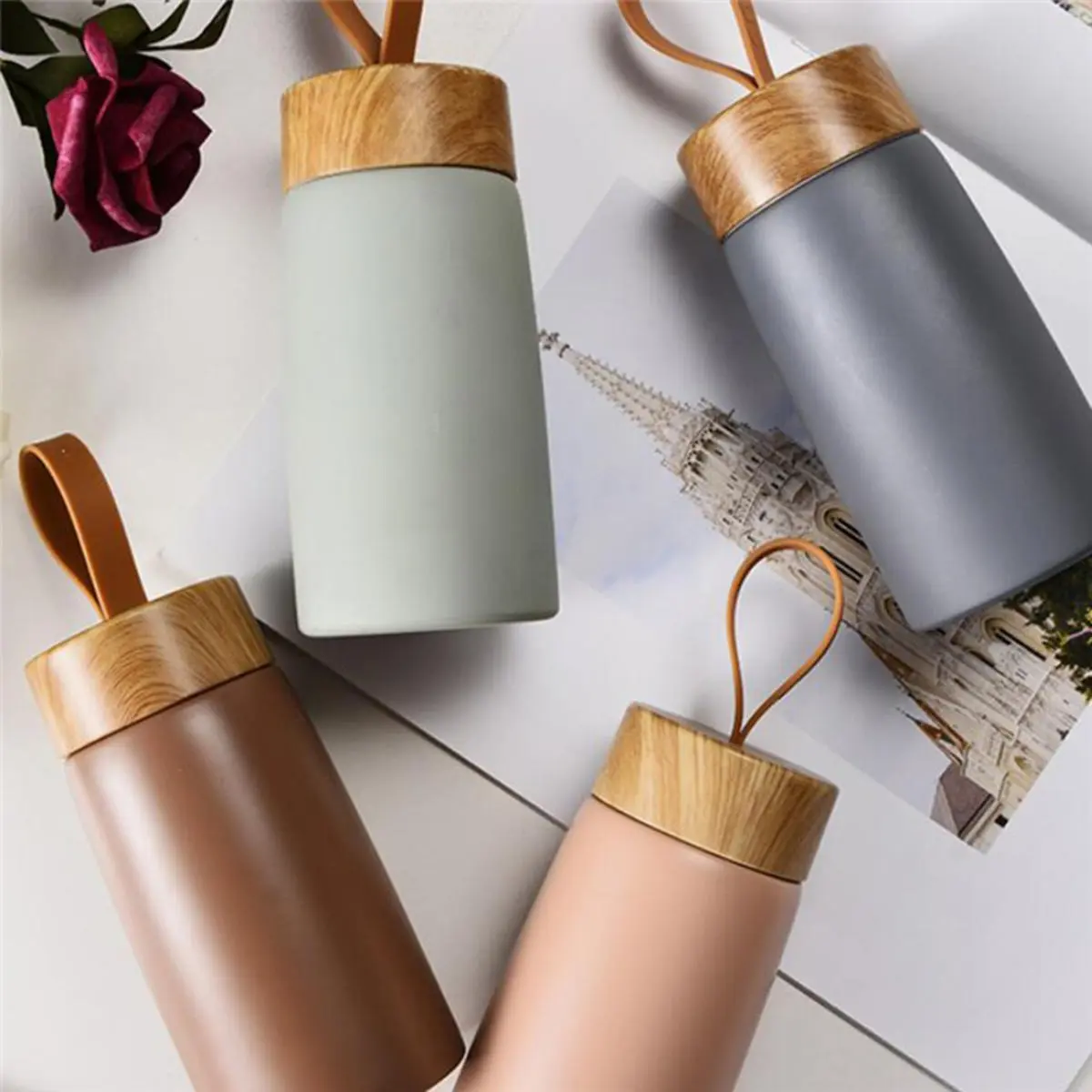 Wood Grain Stainless Steel Water Bottle Vacuum Thermal Insulated Cold Water Drinking Bottles 280ML <ATM>