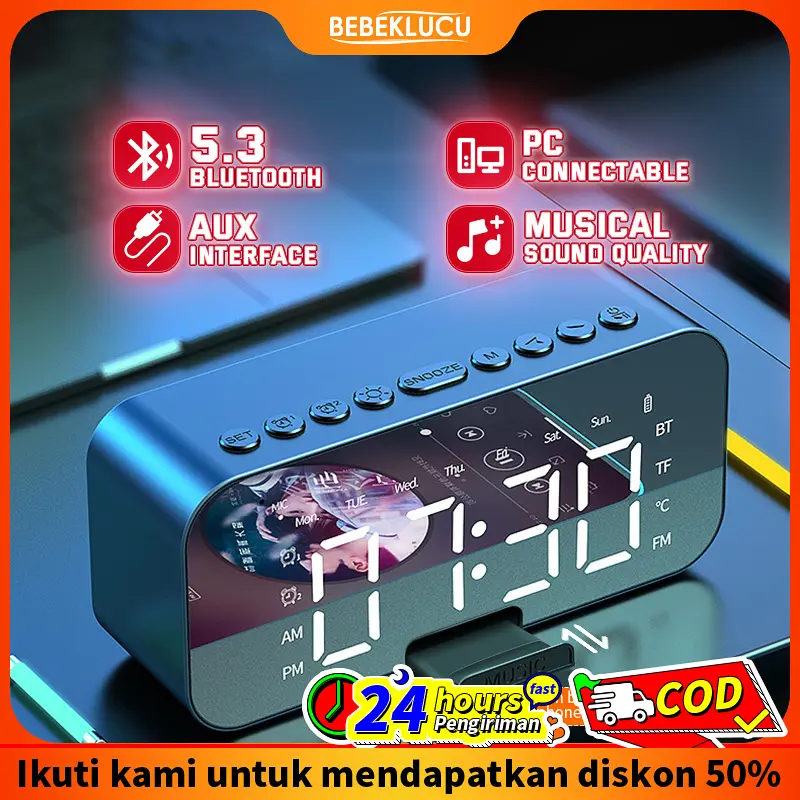 Speaker Bluetooth 5.0 Jam Alarm LED Mirror Display Ultra Bass 2 Bluetooth Speaker Audio Wireless Speakers
