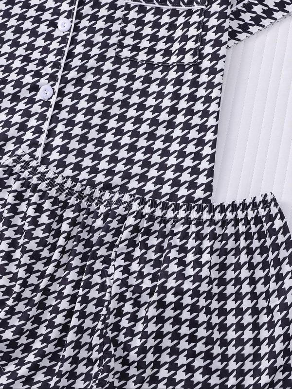 Women's All Over Houndstooth Print Short Sleeve Pajama Two-Piece Set, Casual Comfy Soft Button Front Chest Pocket Design Lapel Neck Top & Elastic Waist Shorts PJ Set, Ladies Sleepwear for All Seasons 6