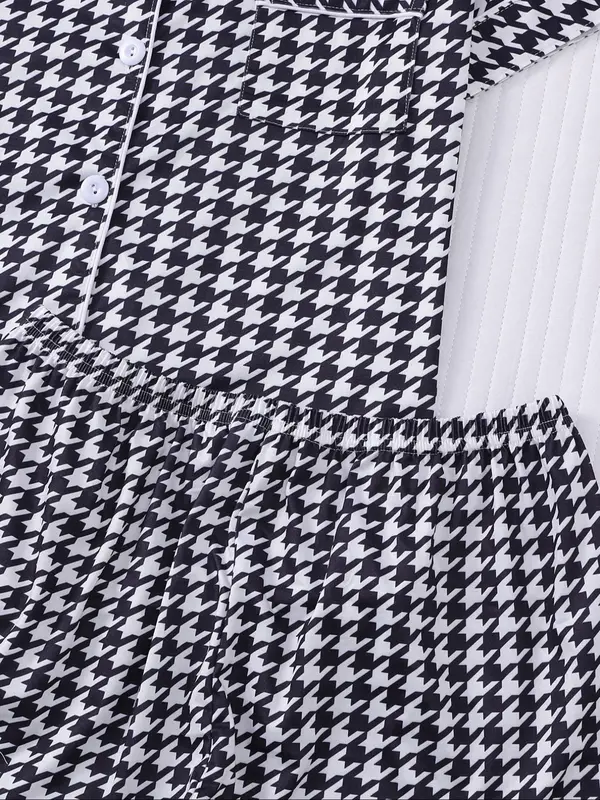 Women's All Over Houndstooth Print Short Sleeve Pajama Two-Piece Set, Casual Comfy Soft Button Front Chest Pocket Design Lapel Neck Top & Elastic Waist Shorts PJ Set, Ladies Sleepwear for All Seasons 6