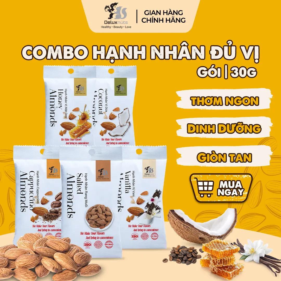 Gói Hạt Hạnh Nhân 430g Deluxnuts | Có Nhiều Vị Lựa Chọn, Vị Dừa, Vị Vanilla, Vị Mật Ong, Vị Capuccino, Rang Muối | Hạt Dinh Dưỡng Deluxnuts Snack Ăn Vặt (Gói 40g)