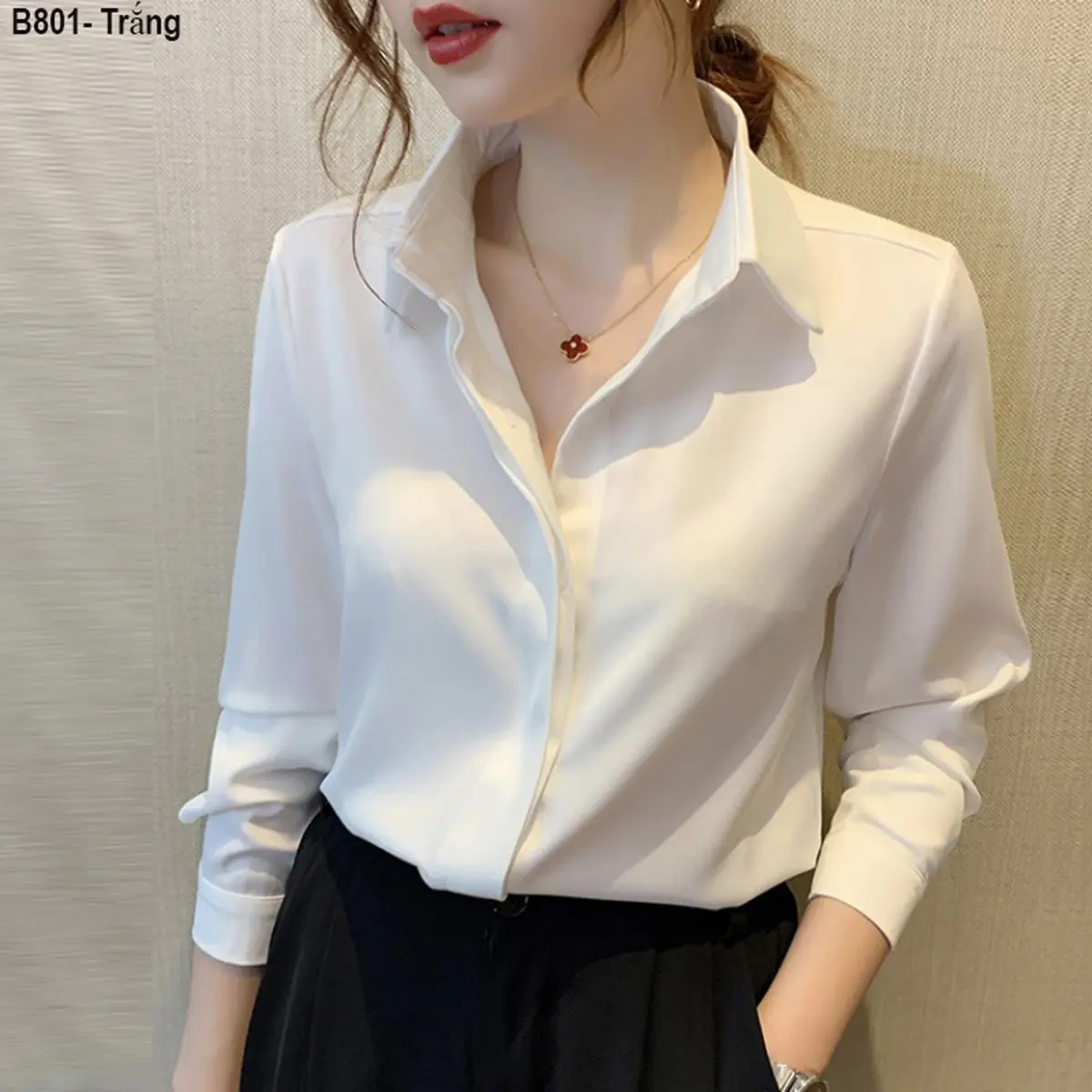 Áo Sơ Mi Công Sở Nữ Nẹp Đôi Giấu Nút Lụa ý tay dài LAMO-B801