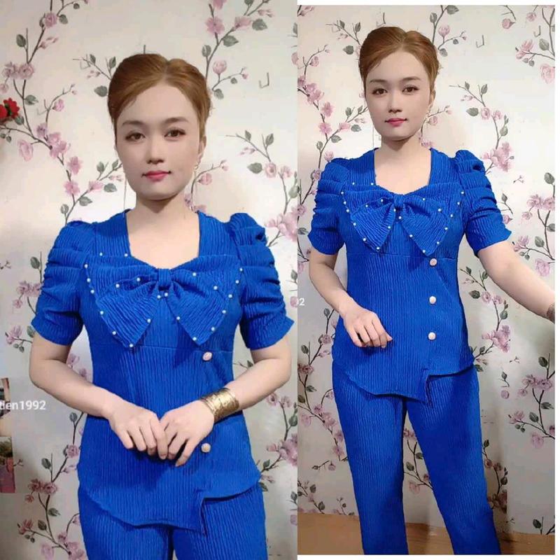 Set bộ quần dài ống ôm phối nơ ở trước áo tay phồng vải thun xốp  Women 4