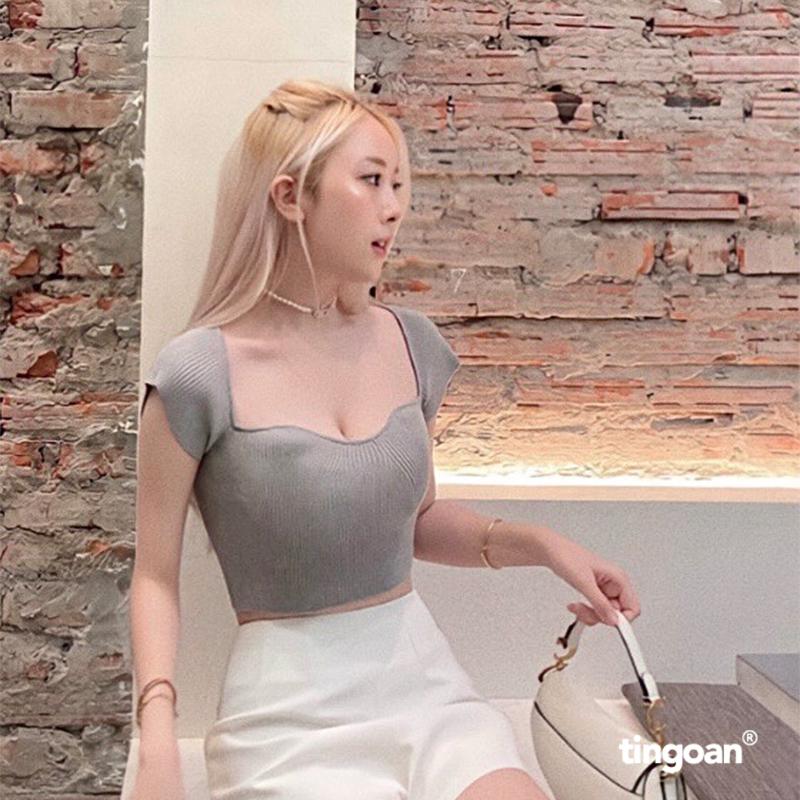 TINGOAN X TIKTOKSHOP - Áo len nm crop lửng ngắn tay cổ lượn viền DATE