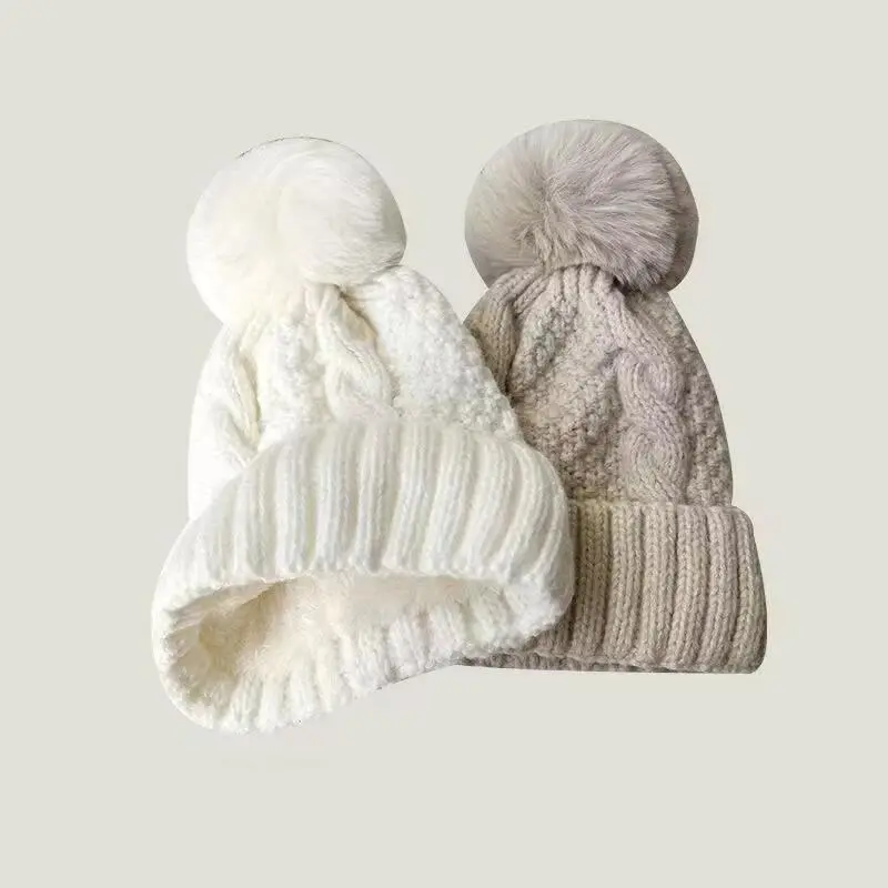 Winter Twist Knitting Hat For Women Fur Pompom Thick Plush Cap Beanie Solid Color Ladies Warm Ski Snow Skullies Beanies