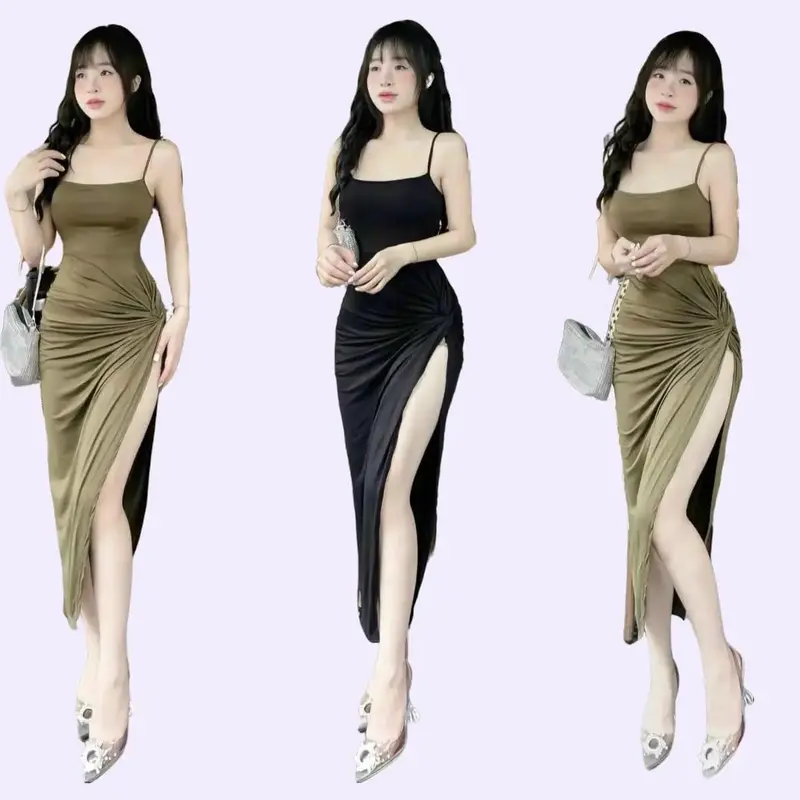 ĐẦM 2 DÂY CÓ MUST XẺ TÀ XOẮN (40kg-55kg), chất thun ladong mềm mịn Nữ Women Dress Voi Kem Màu Đen Voan 0