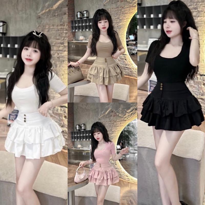 Sét Bộ Áo Thun Cổ Vuông Chân Váy Xoè Tầng Bigsize Kim Ngân M/L/XL/XXL SBX110 Nữ