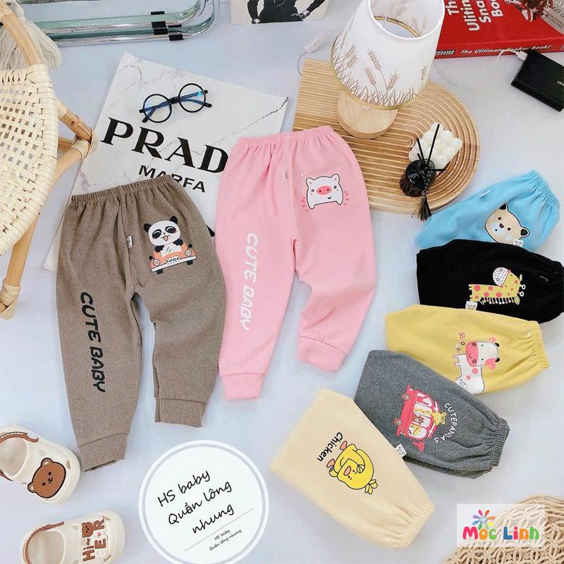 Quần nỉ cho bé gái bé trai vải zip lông mềm mịn quần dài bé trai bé gái in hình ngộ nghĩnh bộ