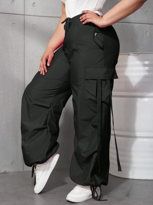 Plus Size Drawstring Waist Cargo Pants, Casual Pocket Design Loose Trousers for Women, Women's Bottoms for Spring & Fall 3