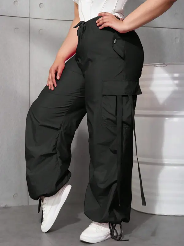 Plus Size Drawstring Waist Cargo Pants, Casual Pocket Design Loose Trousers for Women, Women's Bottoms for Spring & Fall 3