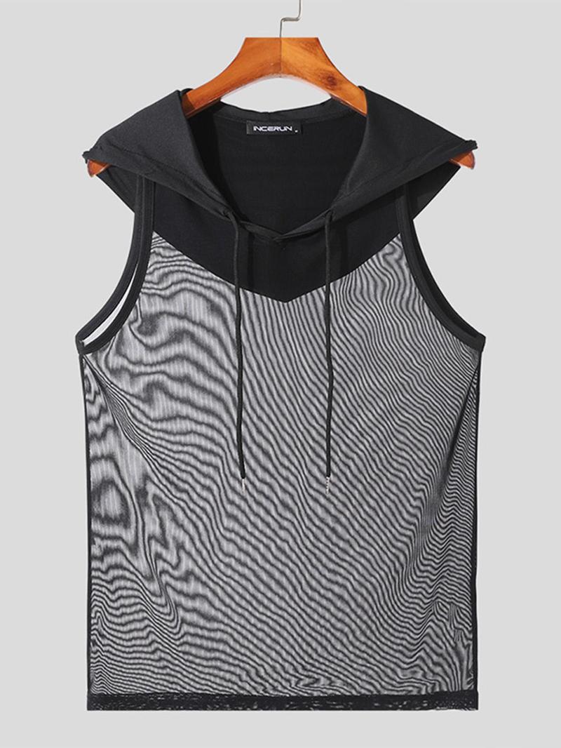 Product Introduction of Men's Regular Fit Solid Drawstring Sheer Hooded Tank Top, Casual Sleeveless Top for Summer, Fashion Men's Clothes for Daily Wear 12