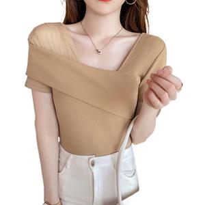 Summer New Sexy Stylish Mesh Patchwork Short Sleeve Top Niche Versatile Off-Shoulder Base Shirt T-Shirt Trendy