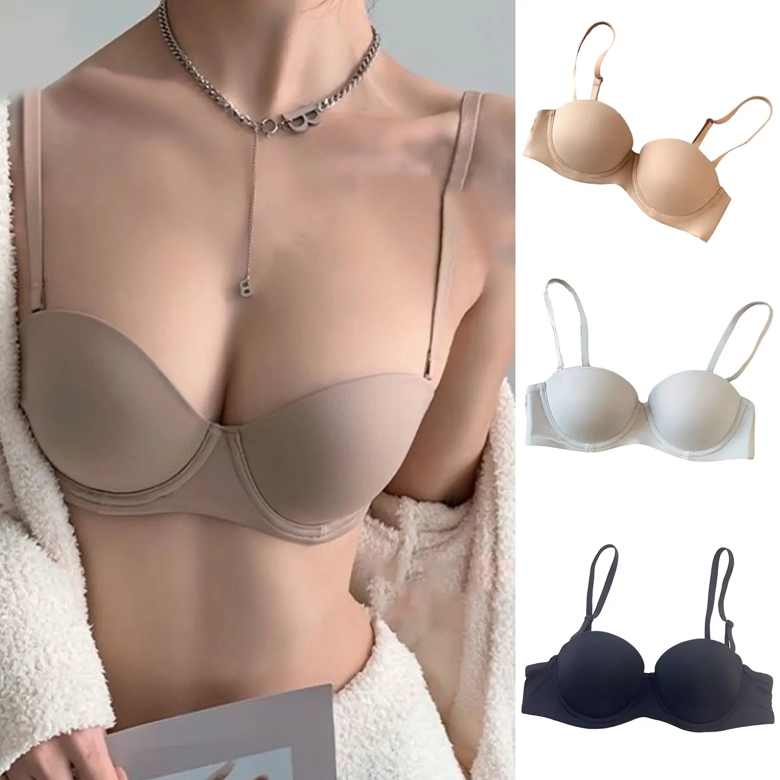 Underwear with Underwire Half Cup Adjustable Removable Shoulder Strap Double Row Buckle Push Up Solid Color Women Bra Inside Clothing