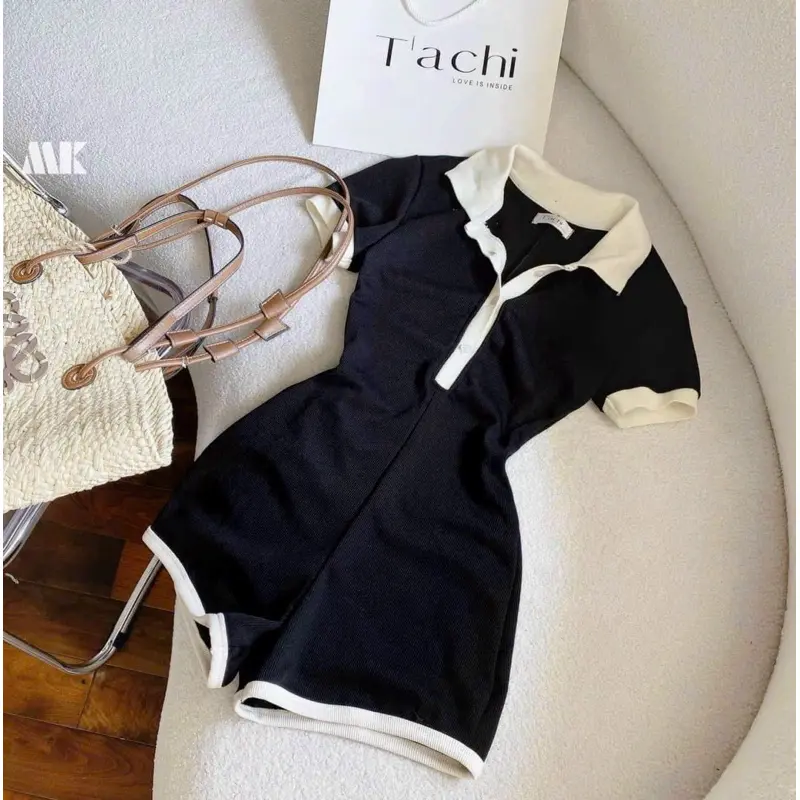 JUMSUIT ĐÙI POLO ĐEN VIỀN TRẮNG TAY NGẮN - Dáng Chuẩn Voi ÁO Jean Voan Lịch 4