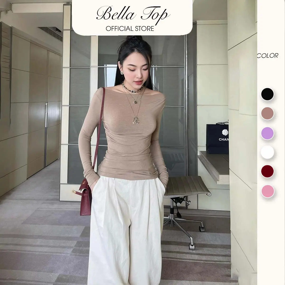 Áo Thun cổ thuyền Nữ xếp ly eo thanh Lịch tạo cảm giác thon gọn sang chảnh chất liệu Cotton MS10, BELLA TOP