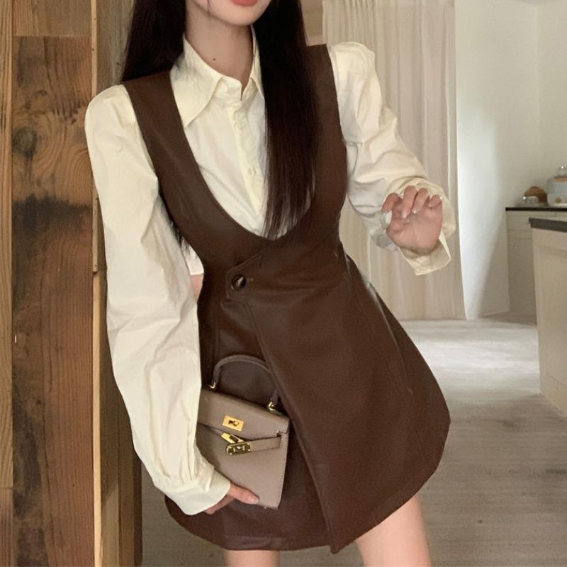Bộ Váy Vest Da, Chất Lượng Cao Cấp, Dành Cho Nữ, Thích Hợp Cho Mùa Xuân Và Mùa Thu, Phong Cách Hàn Quốc, Thời Trang, Bao Gồm Áo Sơ Mi Màu Top Women 0