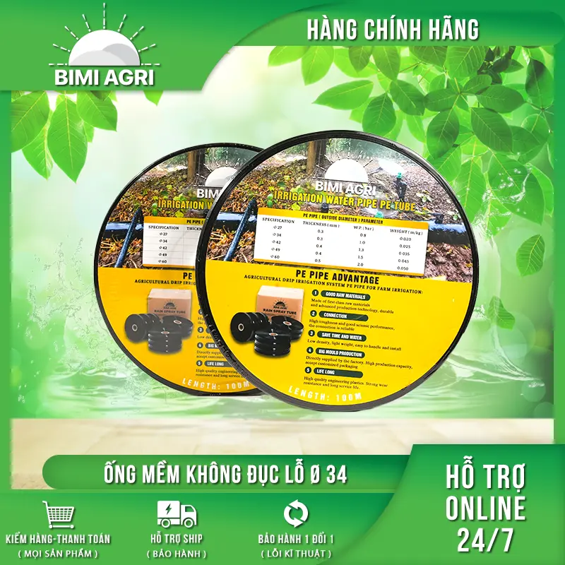 Ống không đục lỗ phi 34 cuộn 100m chính hãng BIMI AGRI gắn béc 3