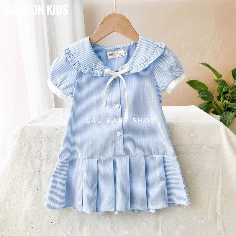 Váy bé gái kẻ xanh cổ thuỷ thủ chất thô mềm cho bé đi học 8-30kg - V114