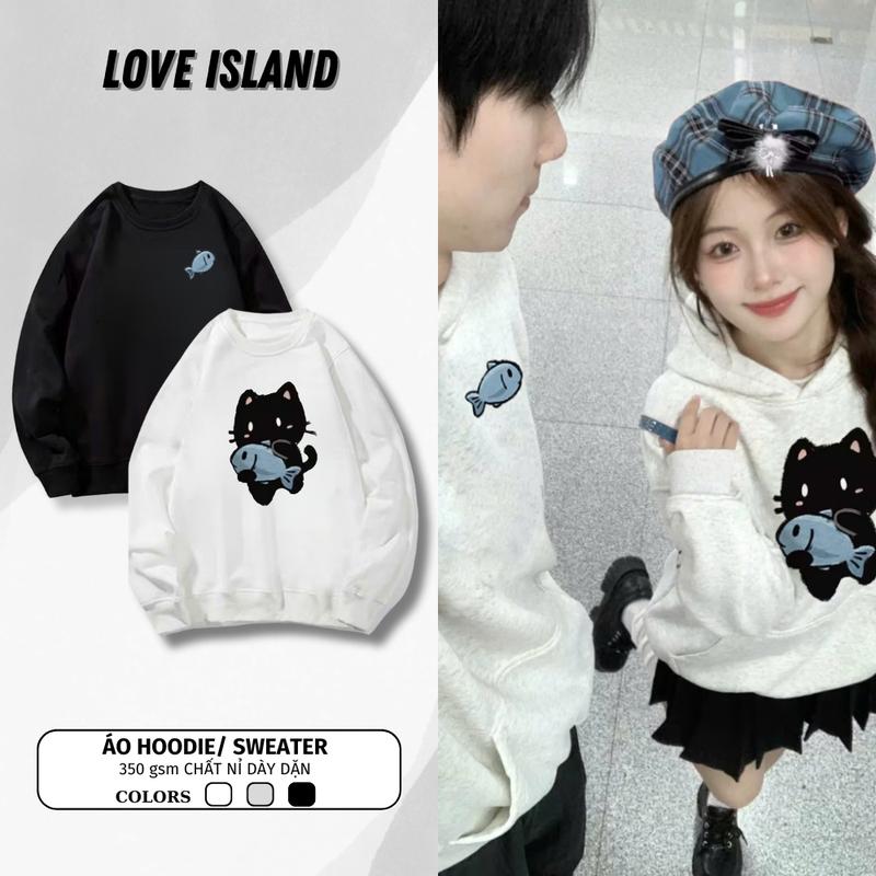  Áo khoác Hoodie Sweater 350 GSM Love Island mặc cặp đôi với người yêu in hình Mèo ôm Cá form rộng unisex nỉ bông nỉ 2 da dày dặn  A100  Jacket Nam Nữ Voi Nhung 